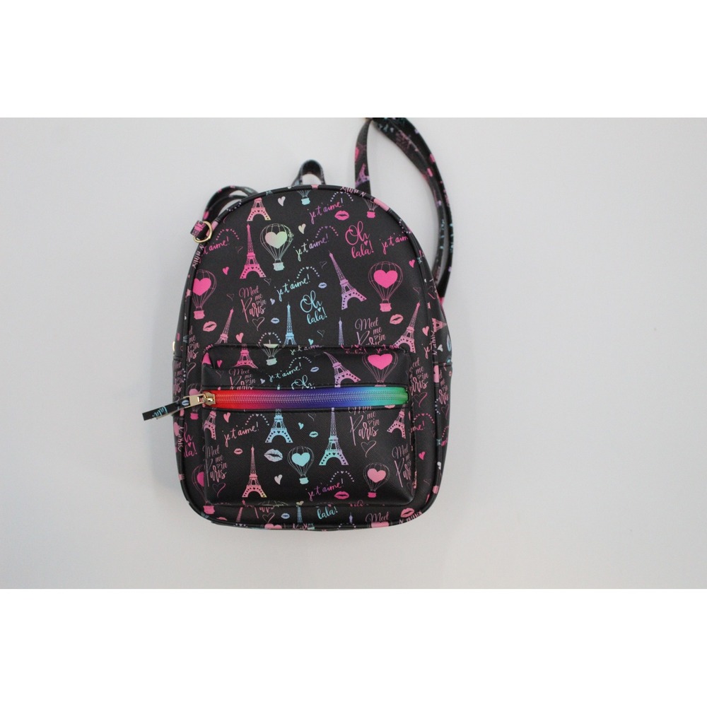 Paris Theme Mini Backpack Black Faux Leather Rainbow Zipper Eiffel Tower Print